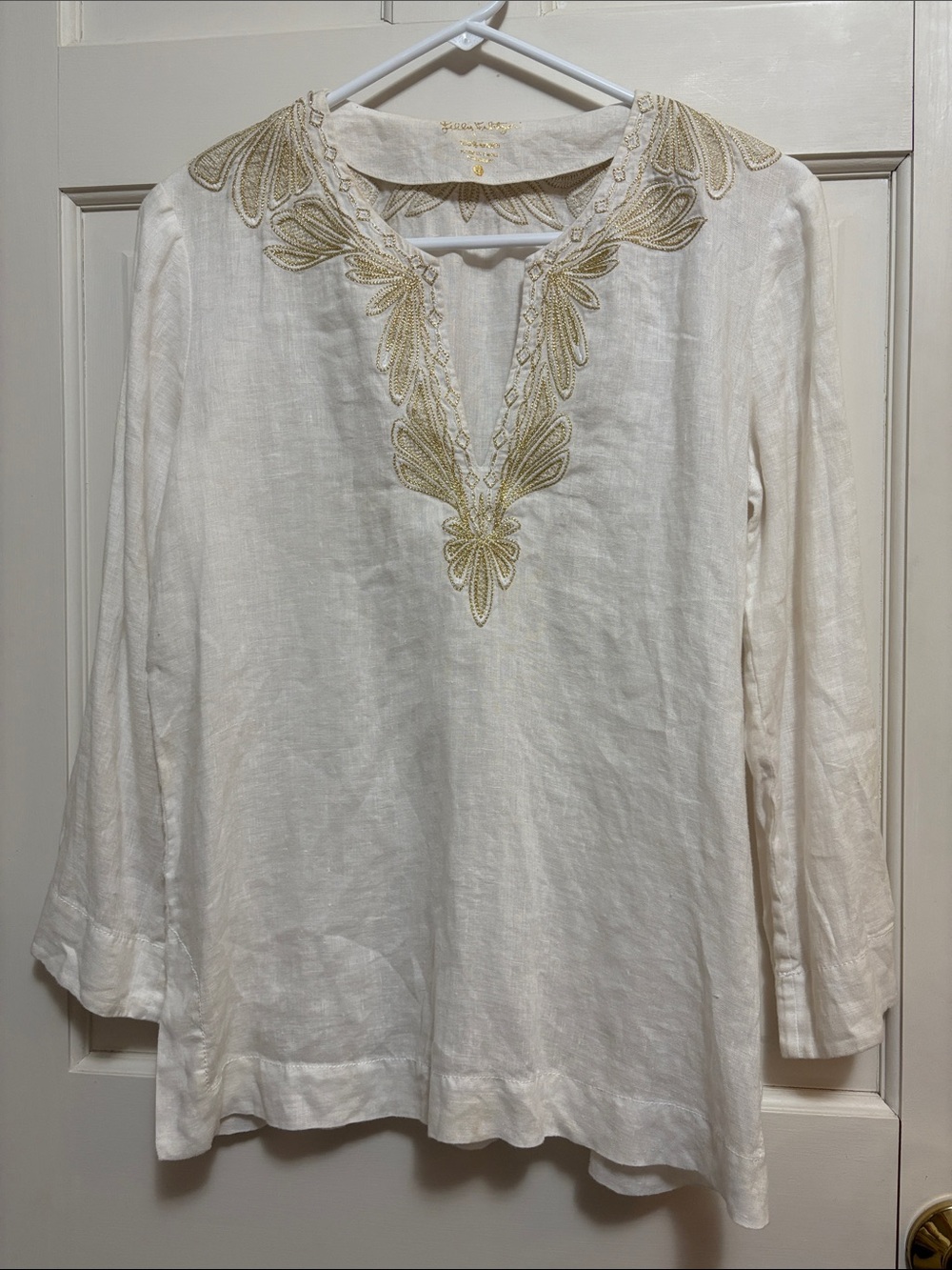 LILLY PULITZER Amelia Island Tunic top 100% Linen S White/Gold